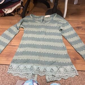 A'Reve Kids Lace Hem Long Sleeve Top - Teal Stripes